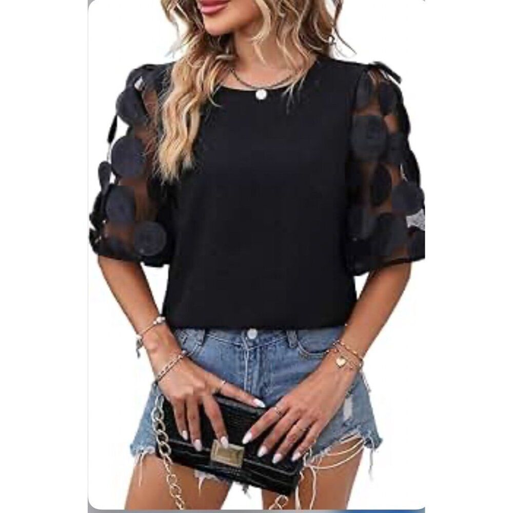Ecosunny Black Women Mesh Appliqué Sleeve Blouse Size M